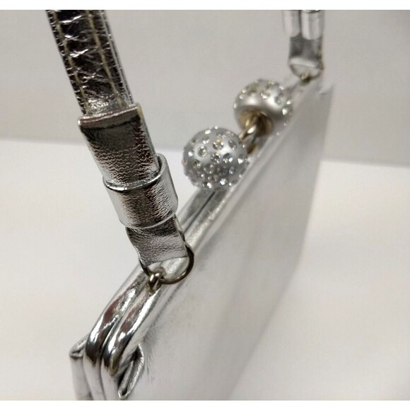 Vintage AFTER FIVE Silver Evening Clutch Hand Bag Rhinestone Orbs Kiss‎ Lock - Picture 7 of 16